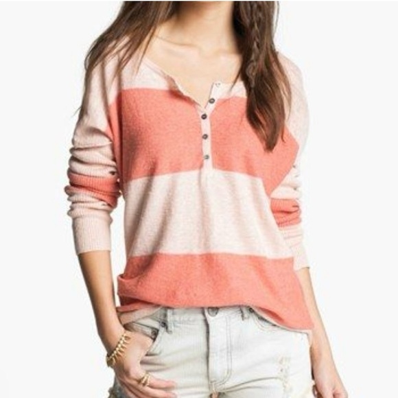 Free People Beach Striped Gold Rush linen Henley Sweater Pink oversized small - Picture 5 of 6